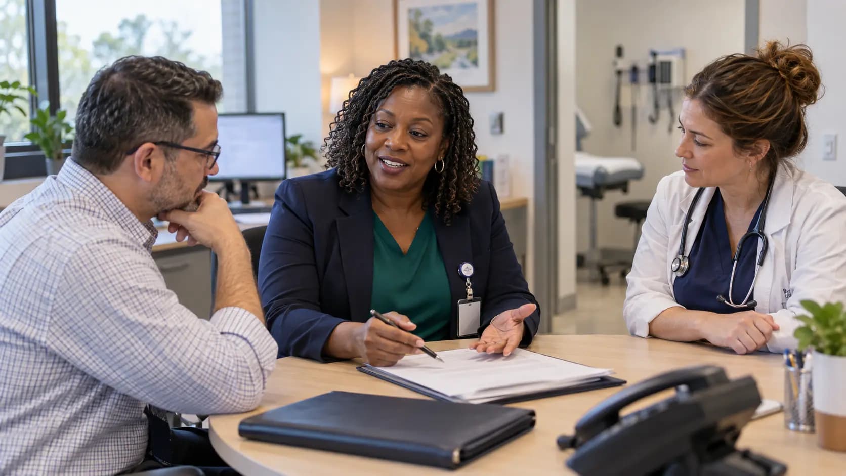 Practice manager and clinician reviewing payer requirements with a specialist
