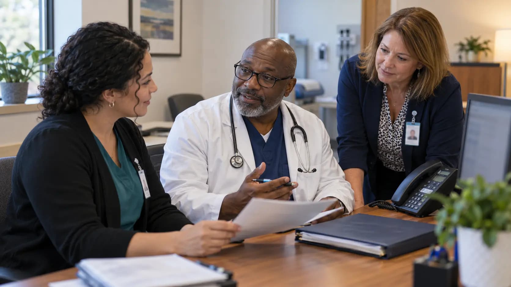 Practice manager and clinician reviewing payer requirements with a specialist