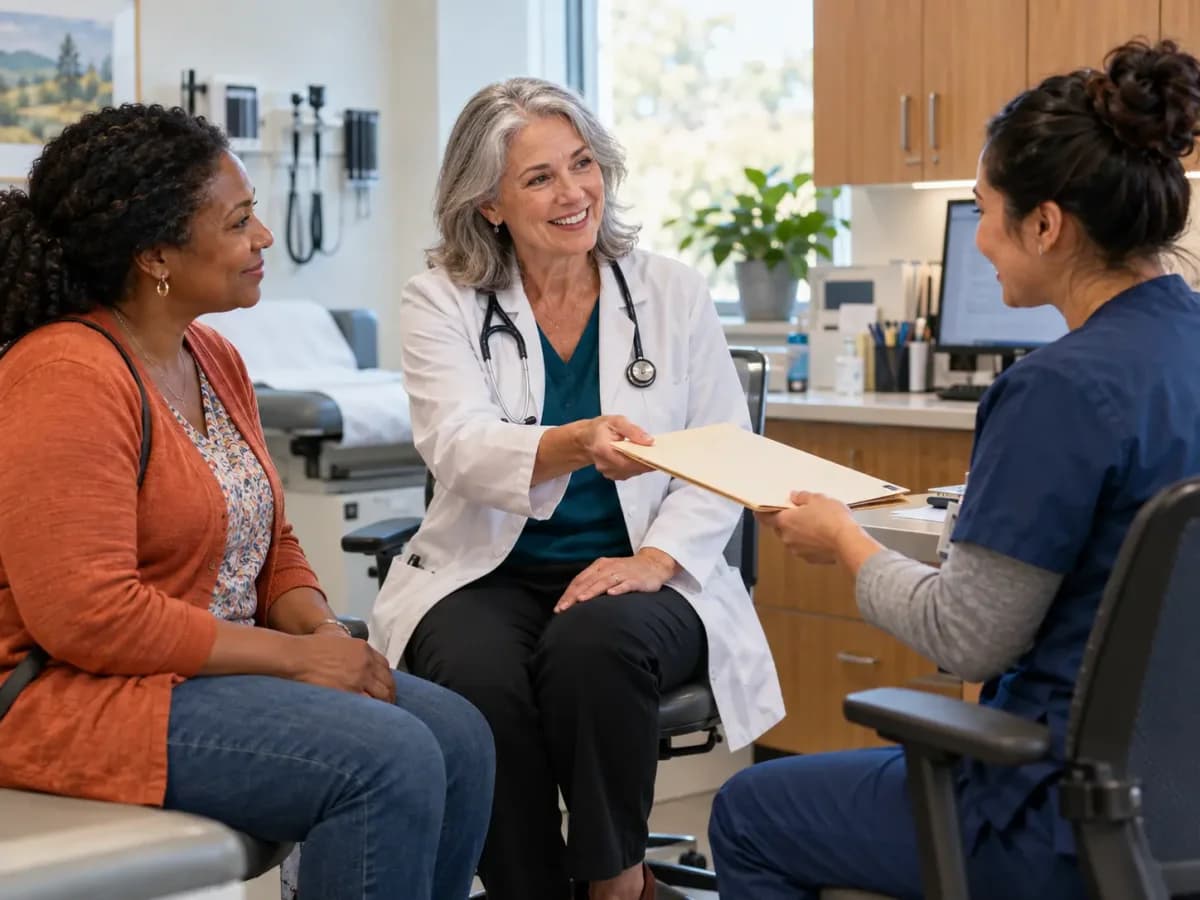 Clinician, patient, and healthcare colleague sharing a warm clinic interaction