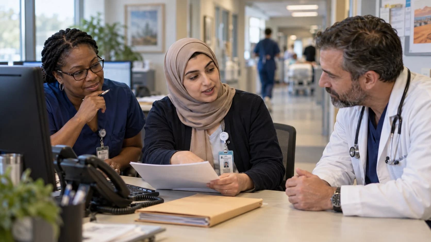 Patient-access coordinator and clinician resolving an authorization issue