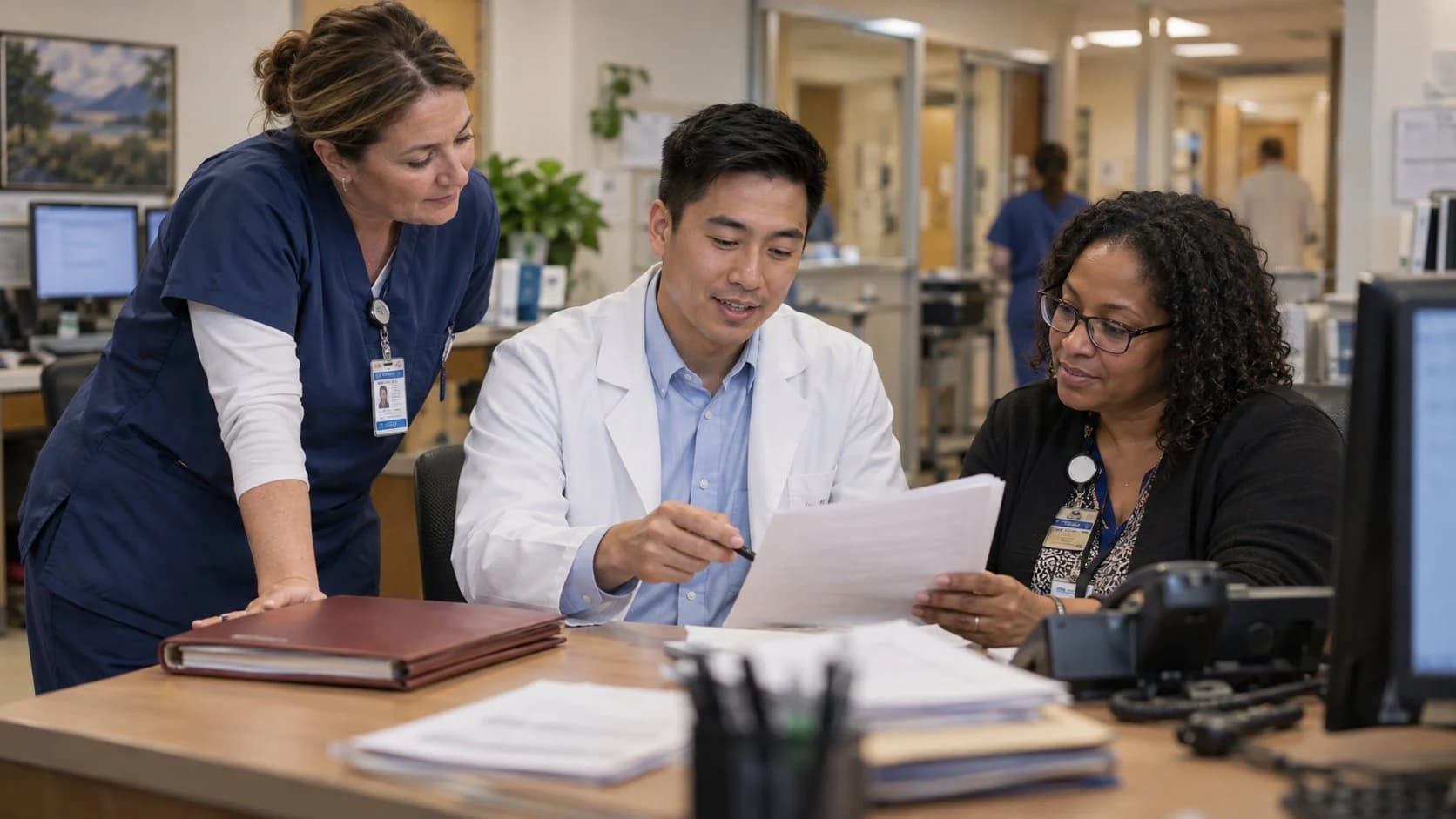 Physician advisor and utilization nurse reviewing documentation together