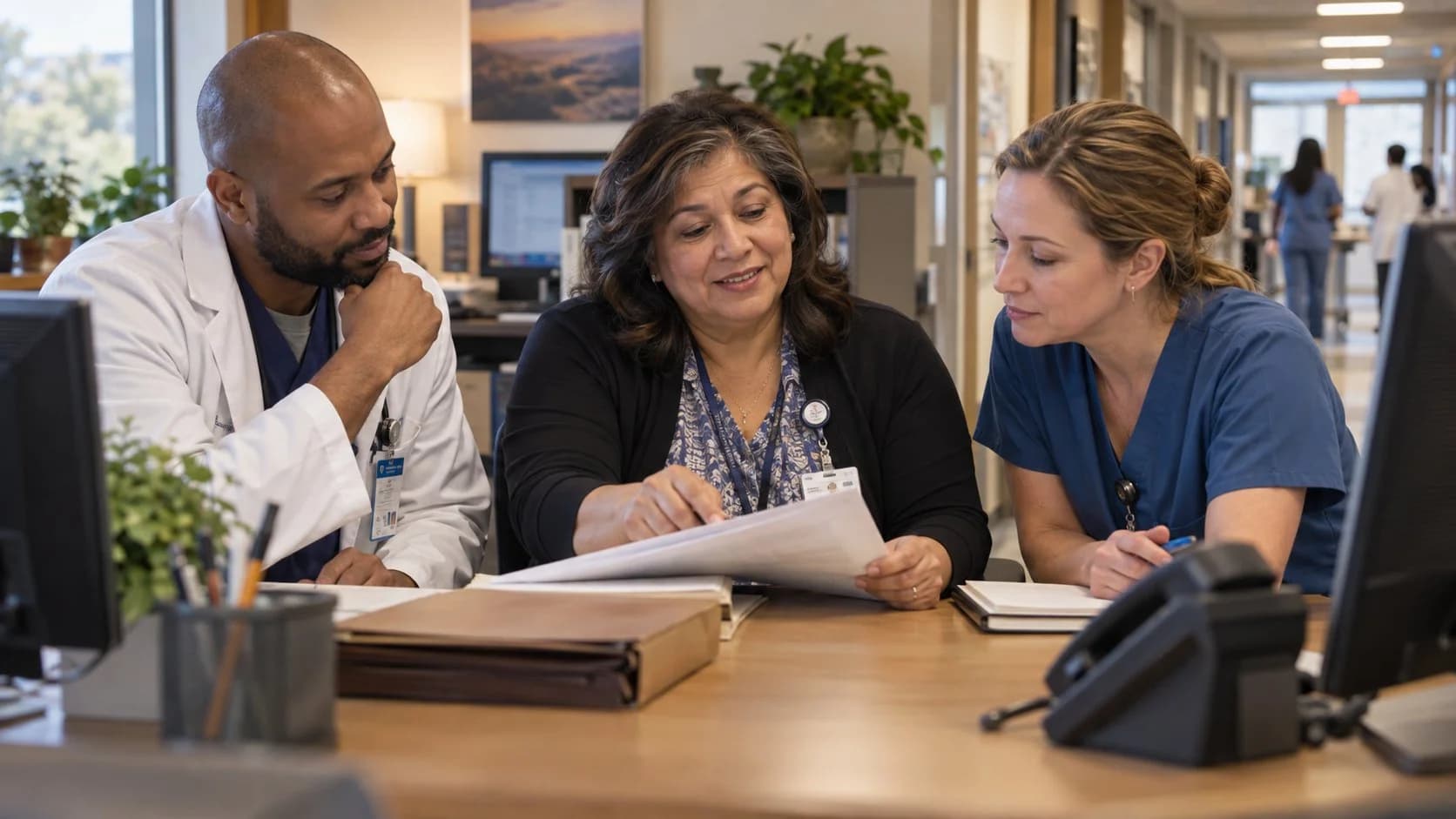 Physician advisor and utilization nurse reviewing documentation together