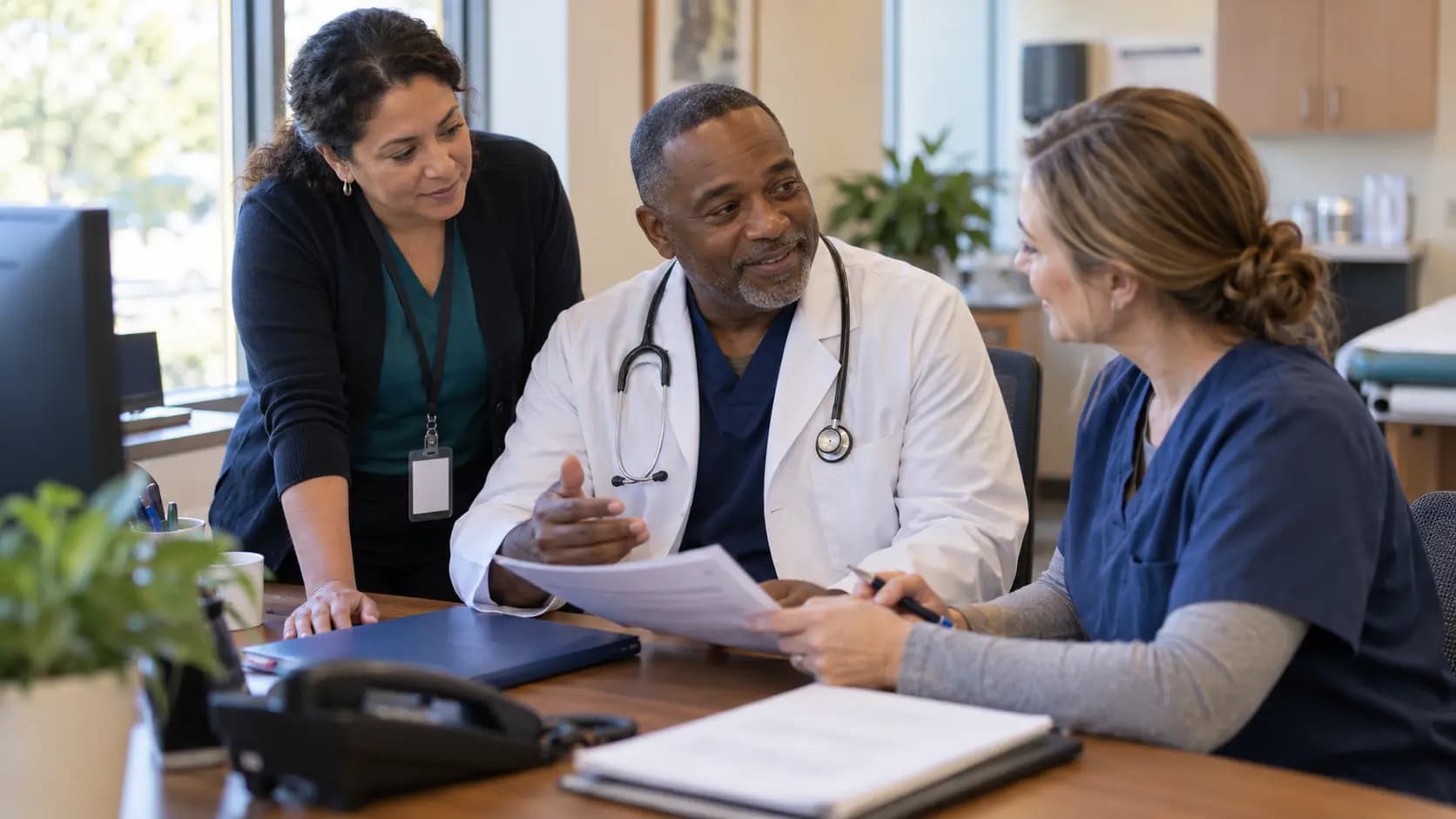 Practice manager and clinician reviewing payer requirements with a specialist