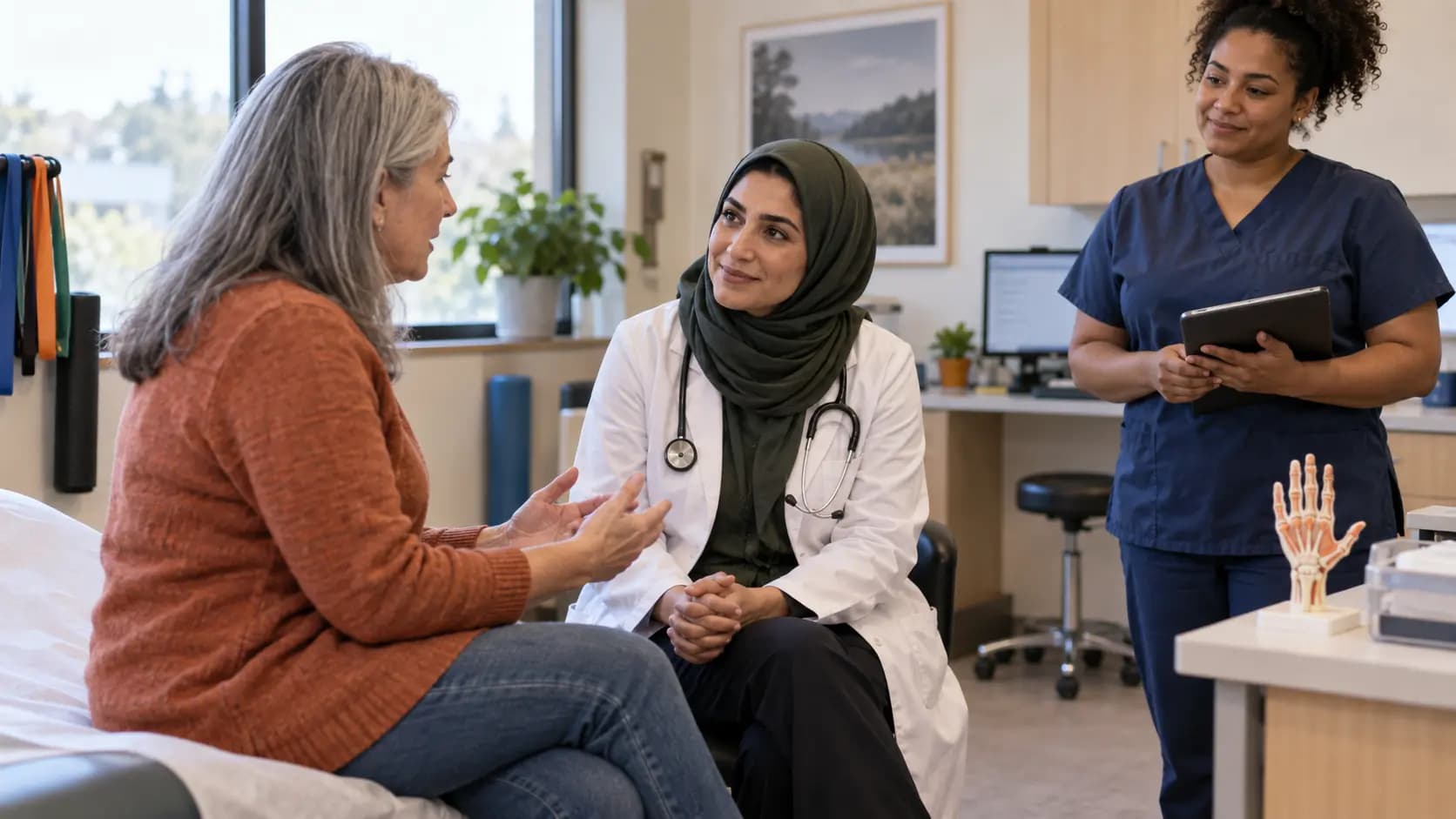 Rheumatology clinician and patient sharing a warm, attentive moment in a clinic