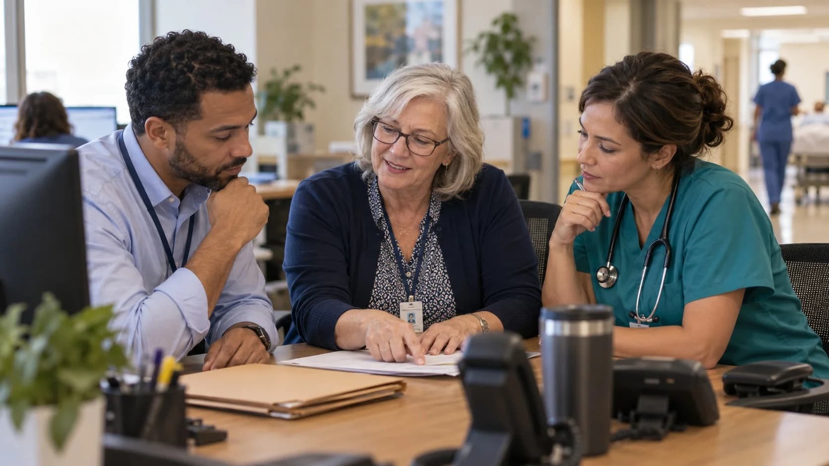 Denial-resolution specialist and clinician reviewing a claim together