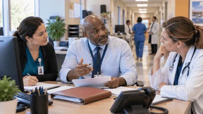 Patient-access coordinator and clinician resolving an authorization issue