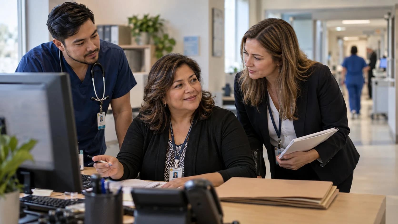 Denial-resolution specialist and clinician reviewing a claim together