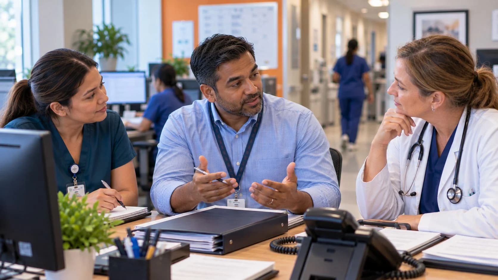 Patient-access coordinator and clinician resolving an authorization issue