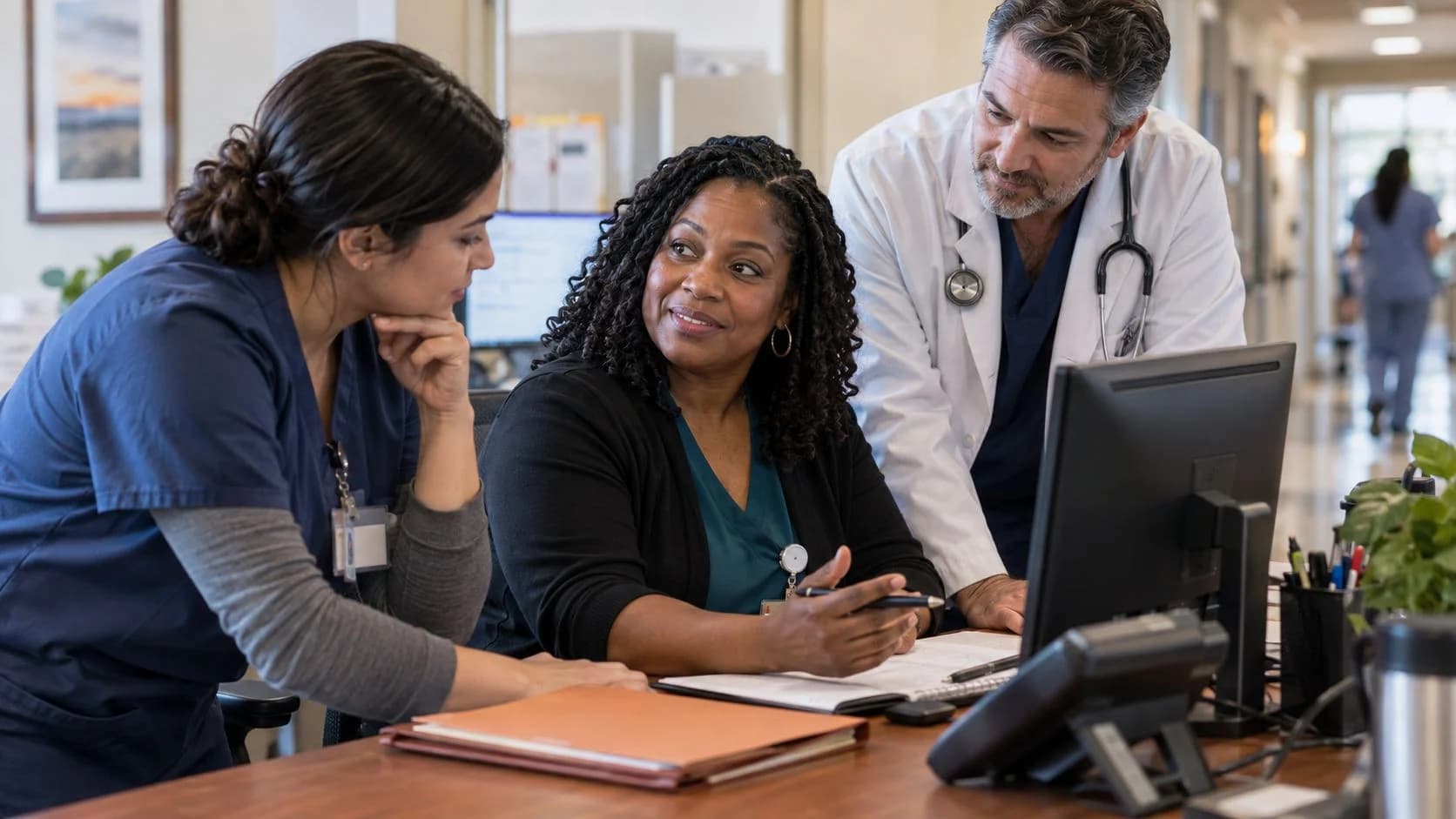 Patient-access coordinator and clinician resolving an authorization issue