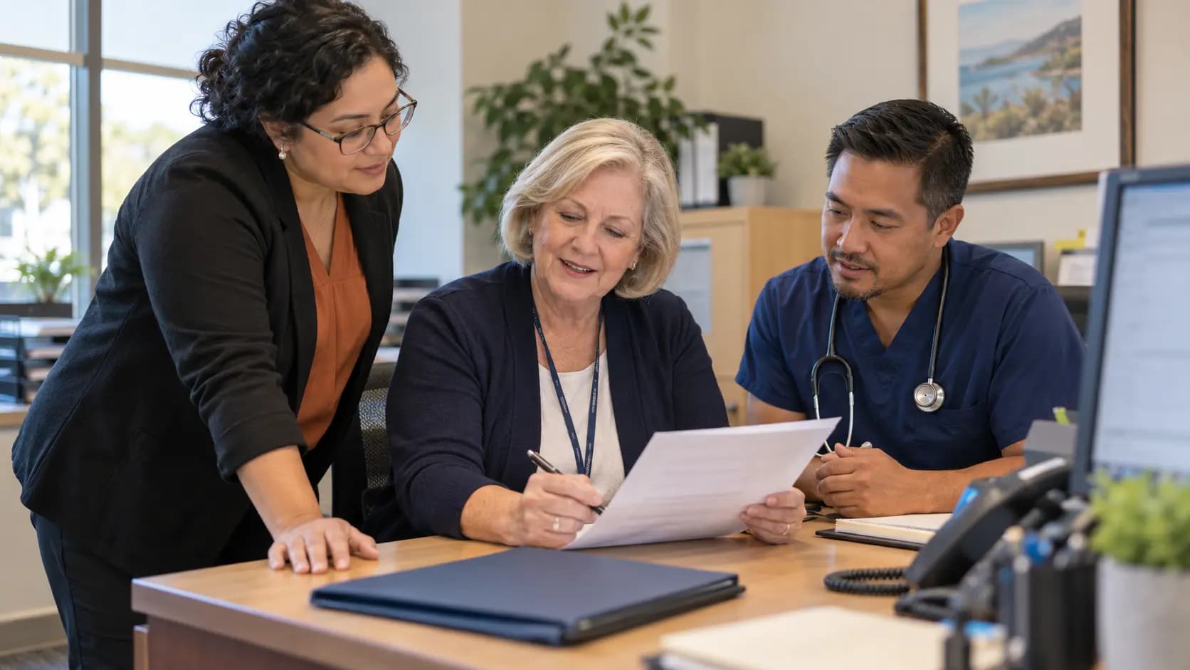 Practice manager and clinician reviewing payer requirements with a specialist