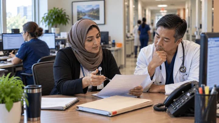 Medical coder and clinician resolving a claim detail together