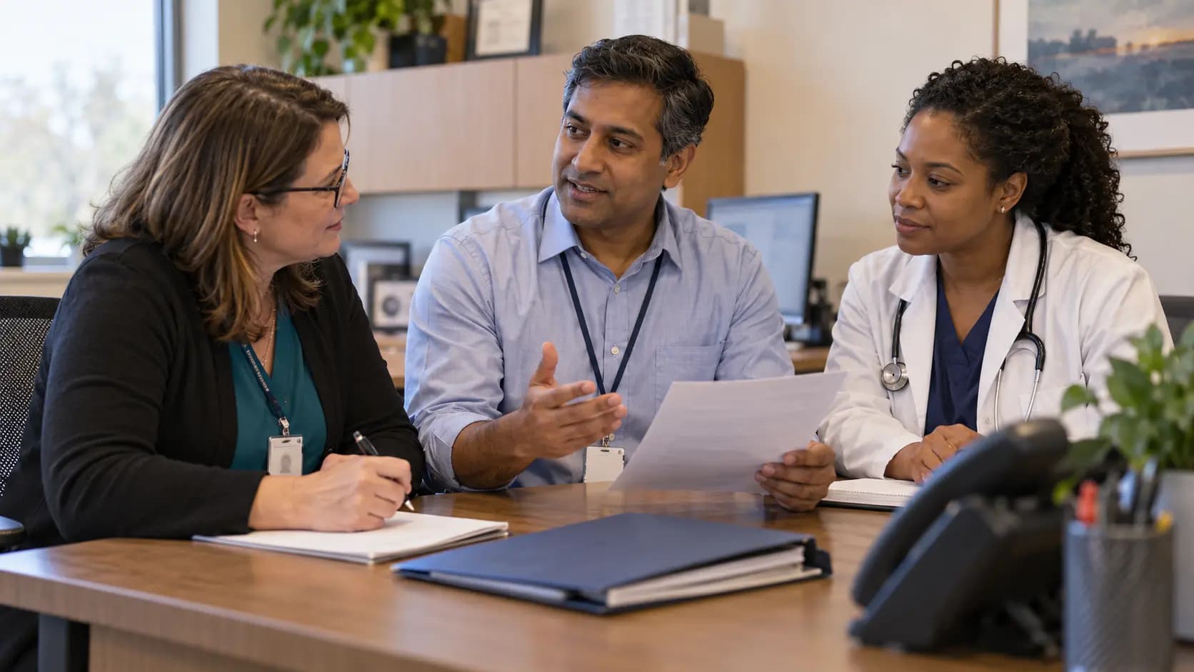 Practice manager and clinician reviewing payer requirements with a specialist