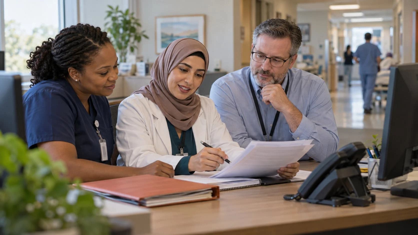 Physician advisor and utilization nurse reviewing documentation together