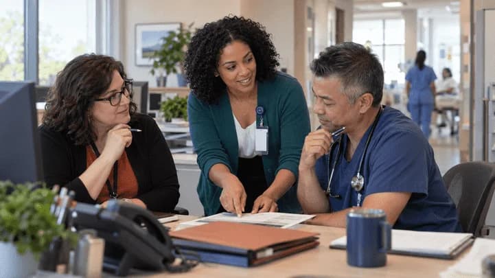 Denial-resolution specialist and clinician reviewing a claim together