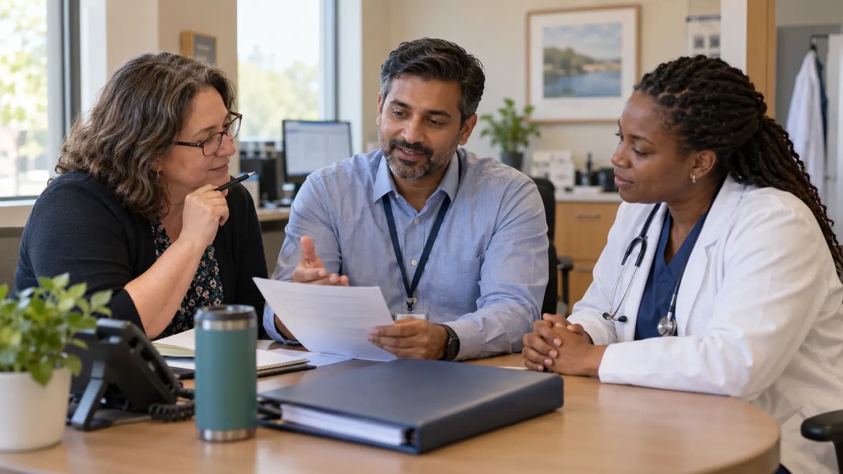 Practice manager and clinician reviewing payer requirements with a specialist