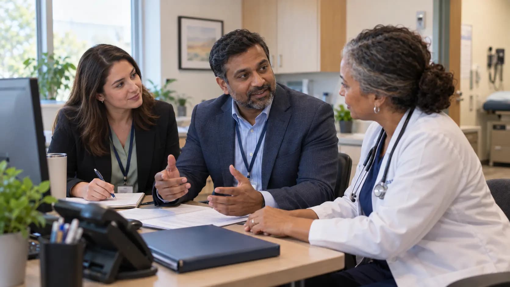 Practice manager and clinician reviewing payer requirements with a specialist