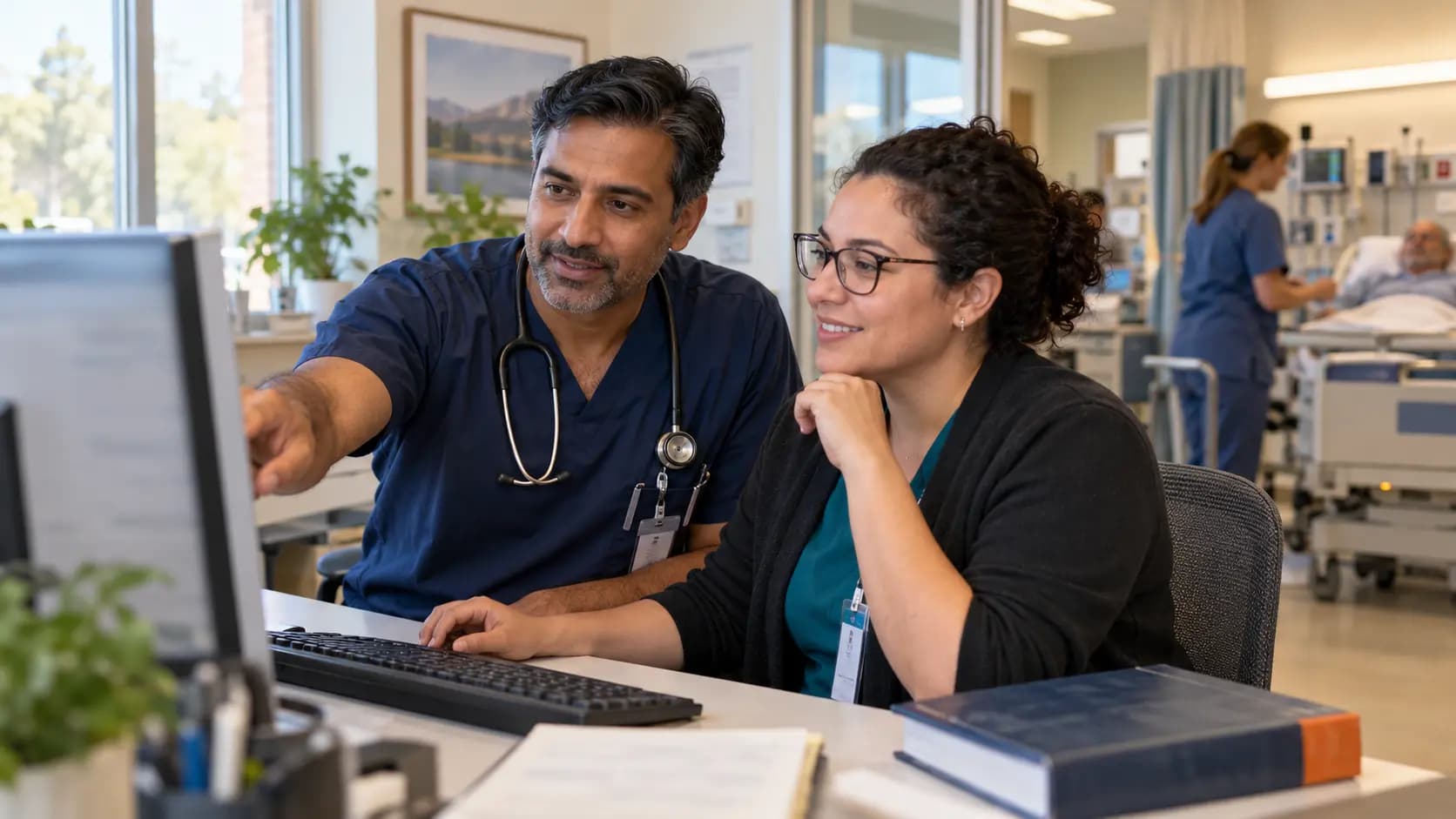 Medical coder and clinician resolving documentation together Medical coder and clinician resolving documentation together