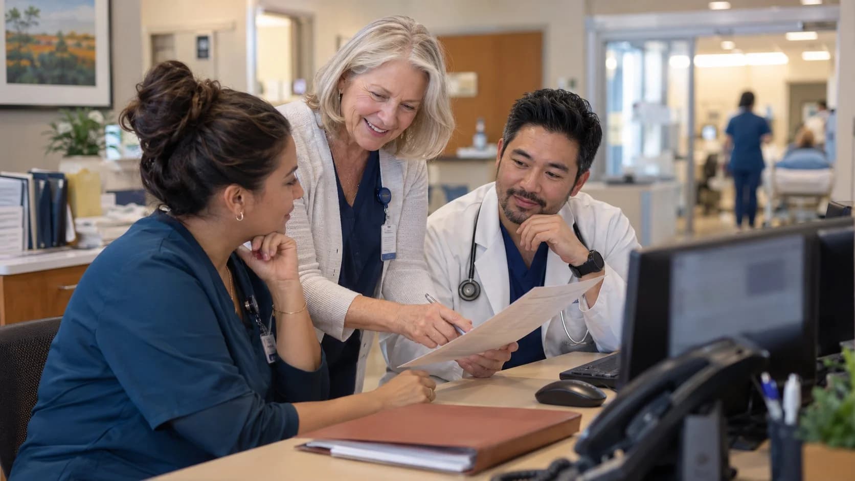 Patient-access coordinator and clinician resolving an authorization issue