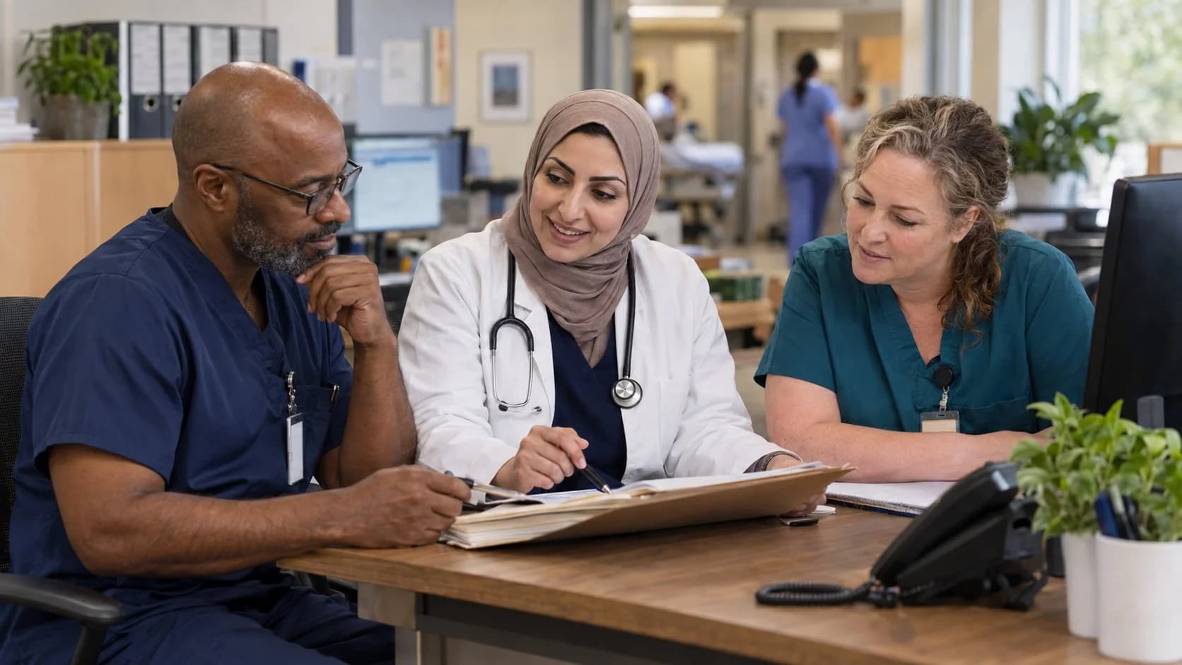 Physician advisor and utilization nurse reviewing documentation together