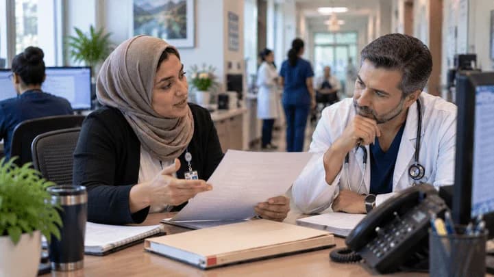 Medical coder and clinician resolving a claim detail together
