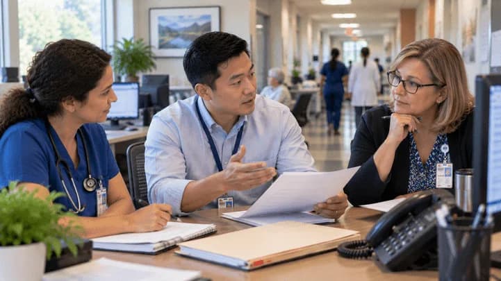 Denial-resolution specialist and clinician reviewing a claim together