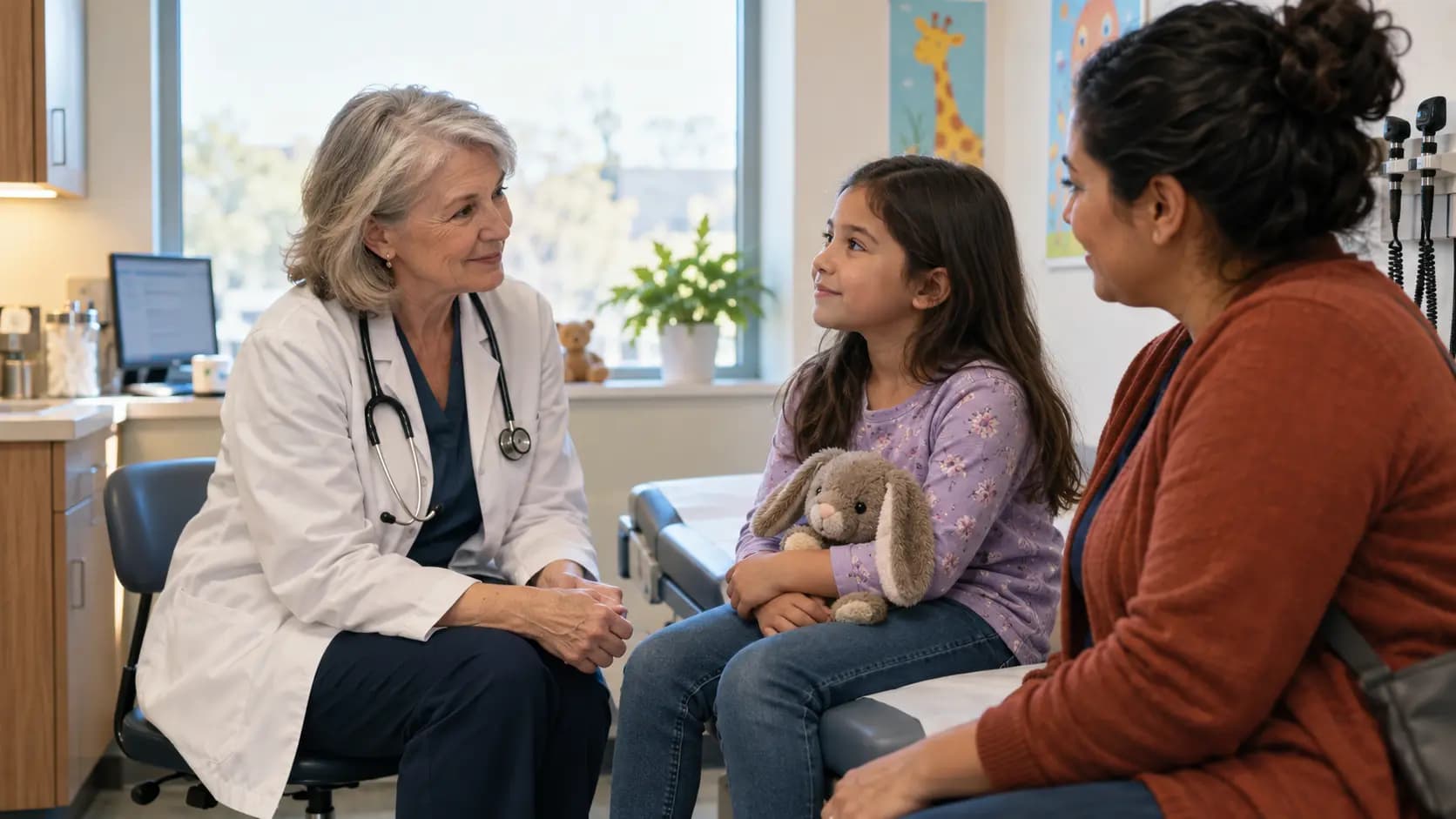 Pediatric clinician smiling gently with a child and guardian in an exam room