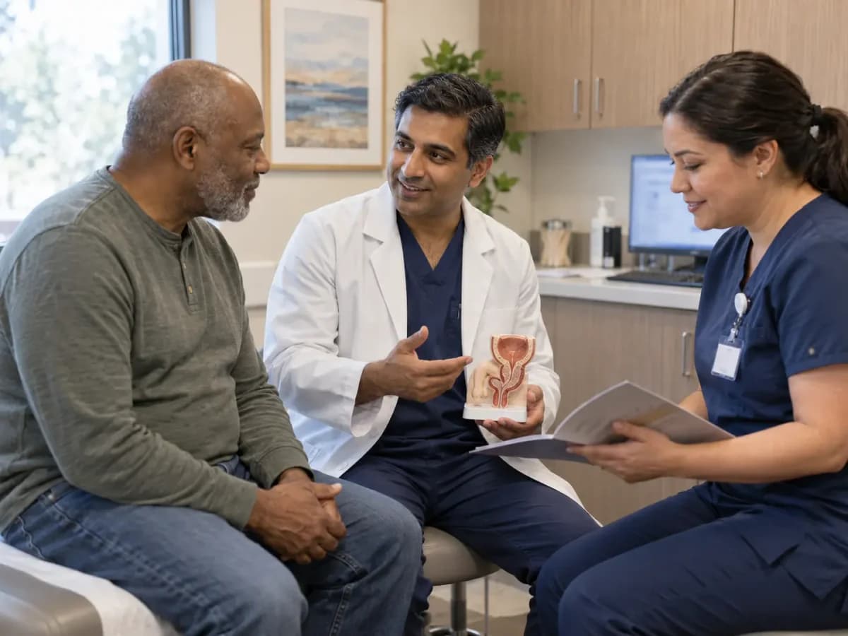 Urology clinician and patient sharing a warm, attentive moment in a clinic
