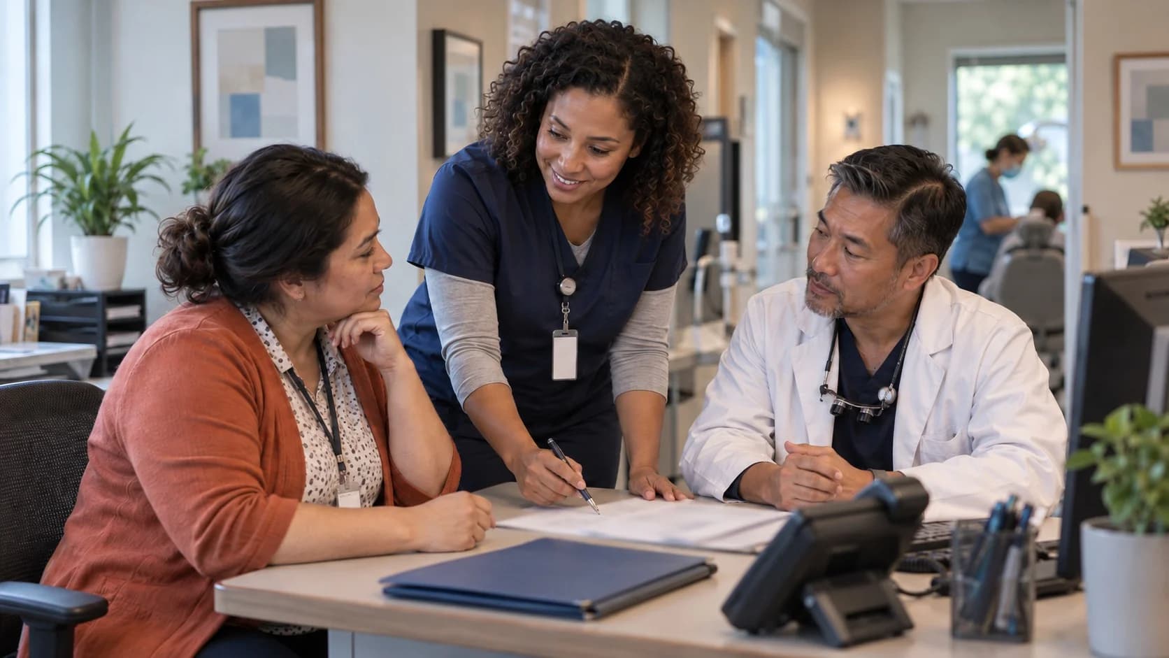 Patient-access coordinator and clinician resolving an authorization issue
