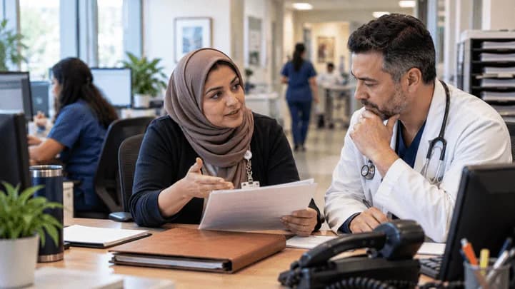 Medical coder and clinician resolving a claim detail together