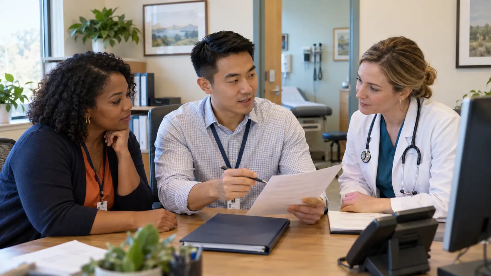 Practice manager and clinician reviewing payer requirements with a specialist