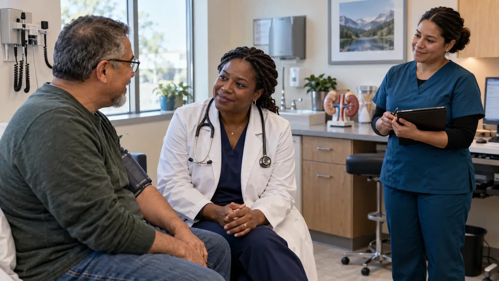 Nephrology clinician and patient sharing a warm, attentive moment in a clinic