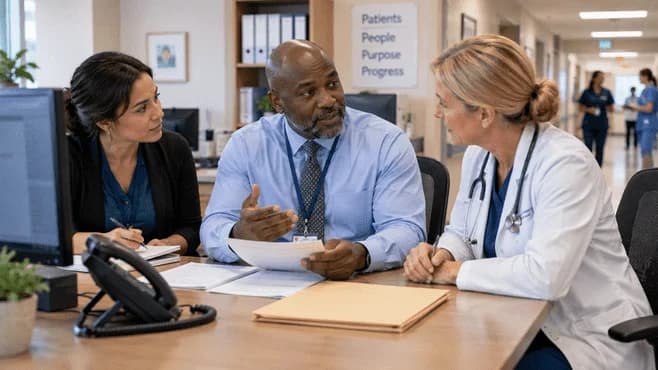 Denial-resolution specialist and clinician reviewing a claim together