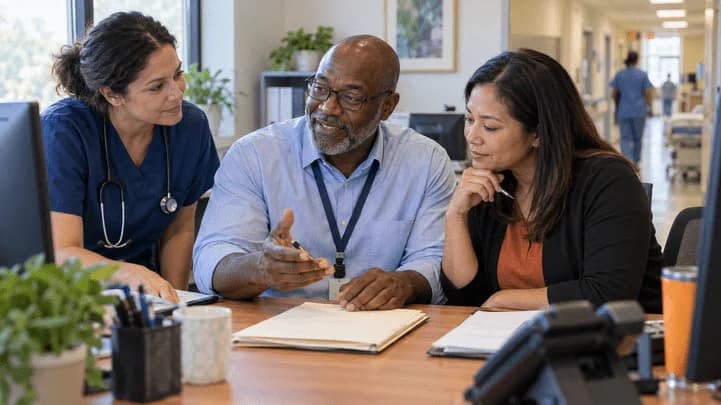 Denial-resolution specialist and clinician reviewing a claim together