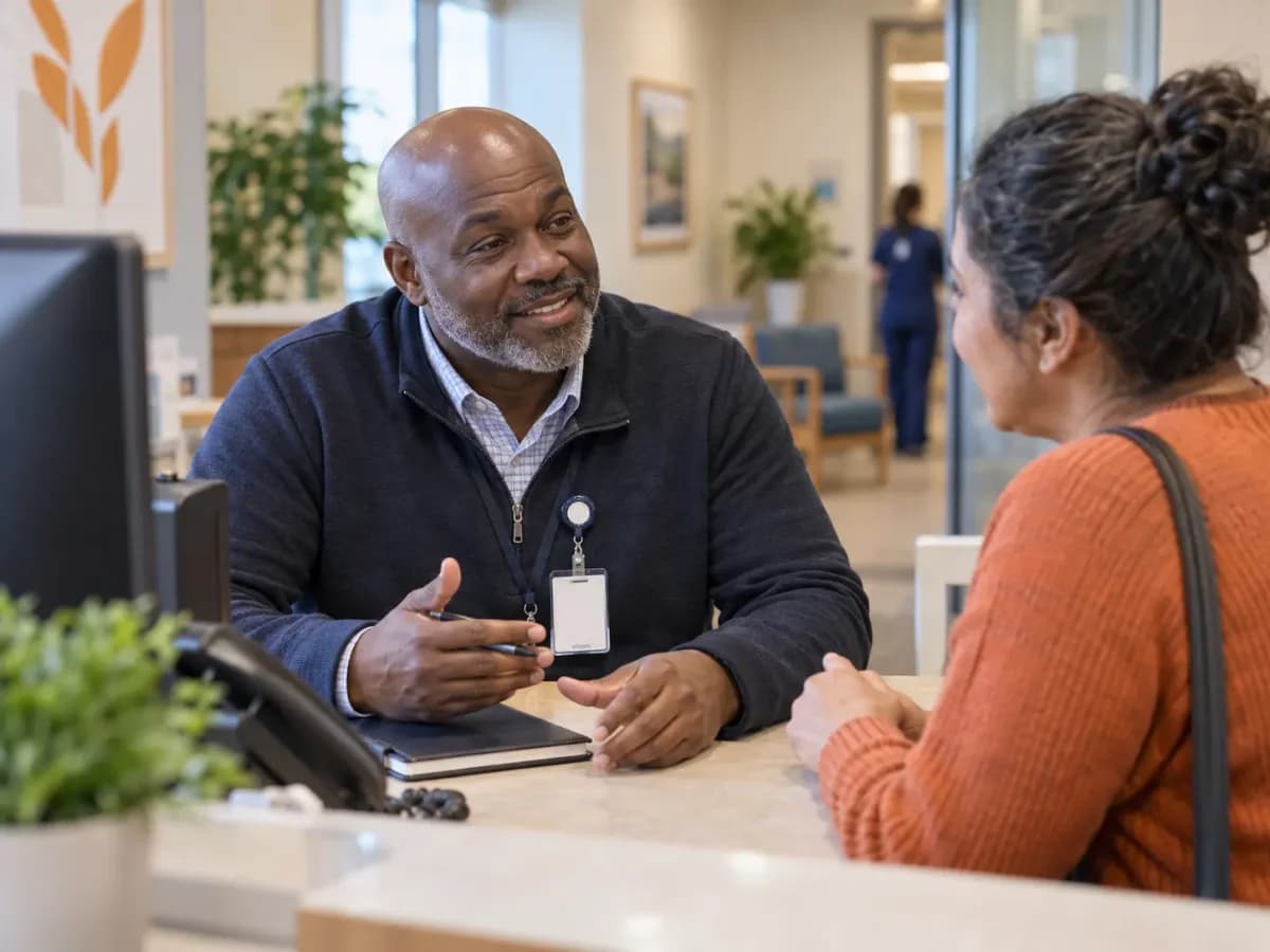 Reception colleague discussing next steps with a visitor across a clinic desk