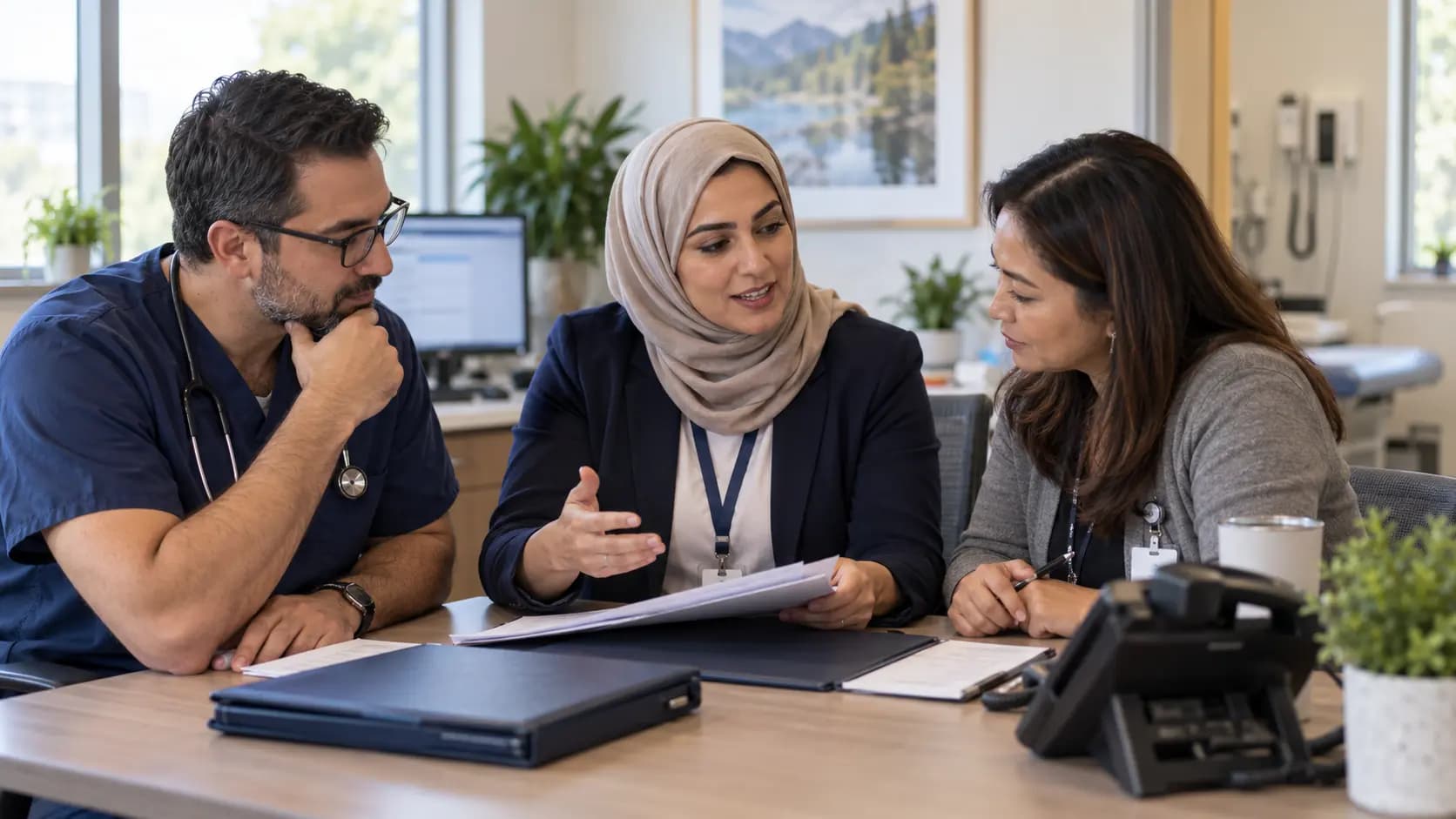 Practice manager and clinician reviewing payer requirements with a specialist