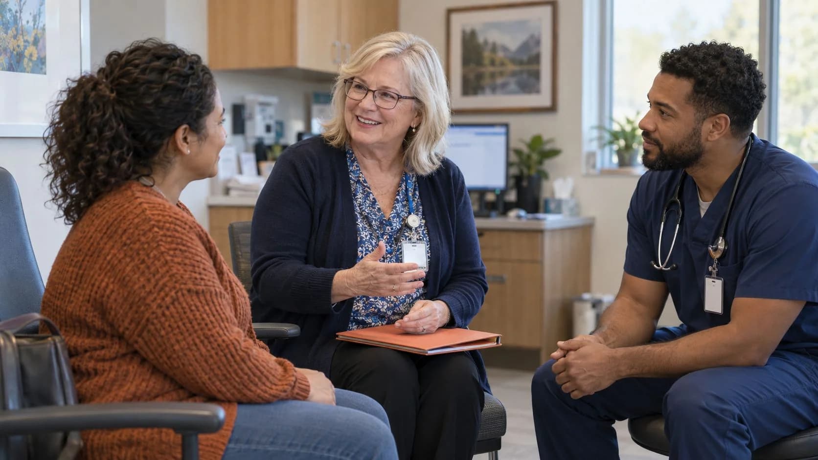 Benefits coordinator helping a clinician and patient understand coverage