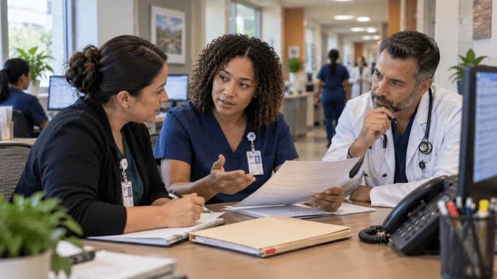 Patient-access coordinator and clinician resolving an authorization issue