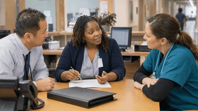 Patient-access coordinator and clinician resolving an authorization issue