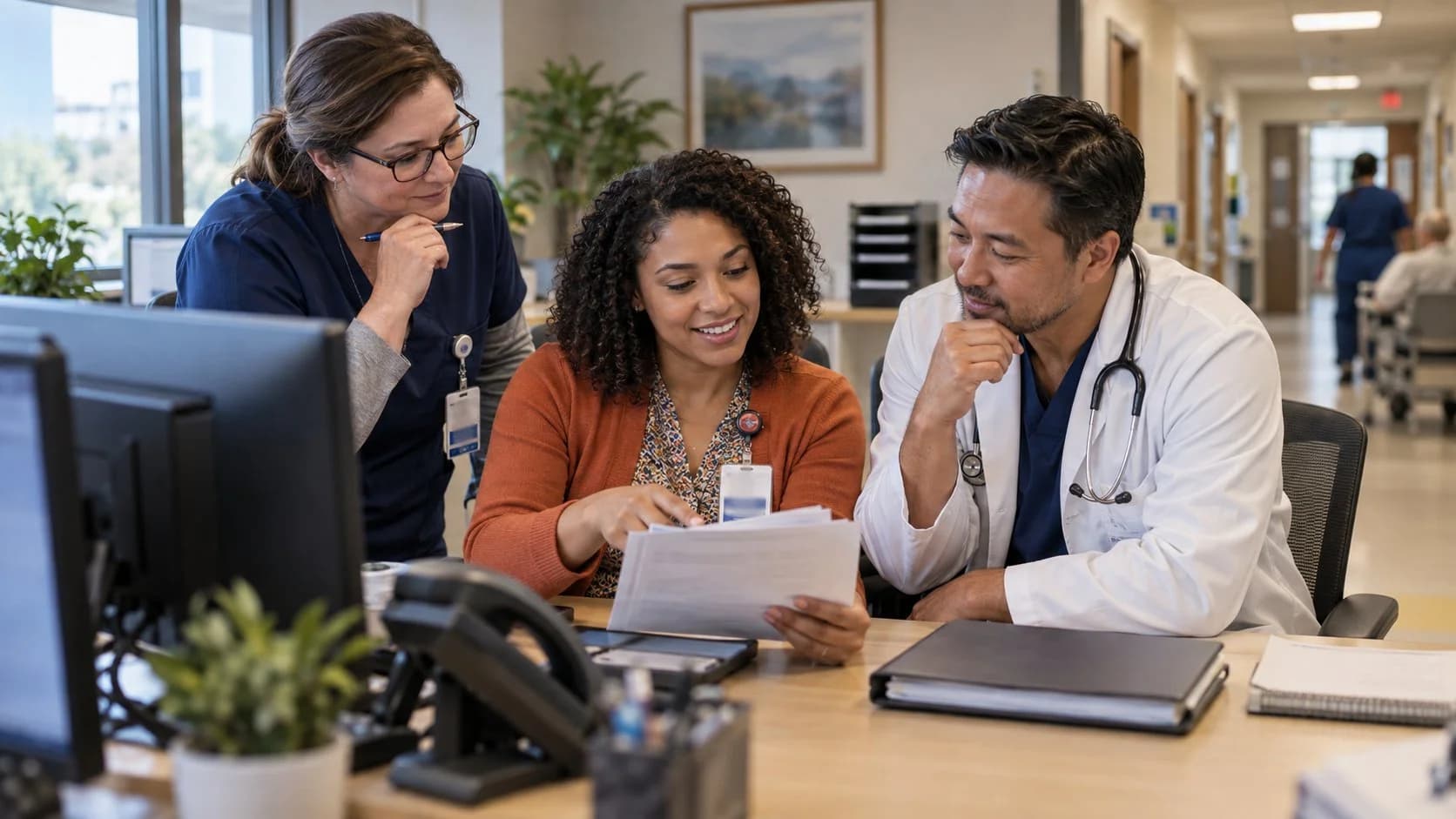 Patient-access coordinator and clinician resolving an authorization issue