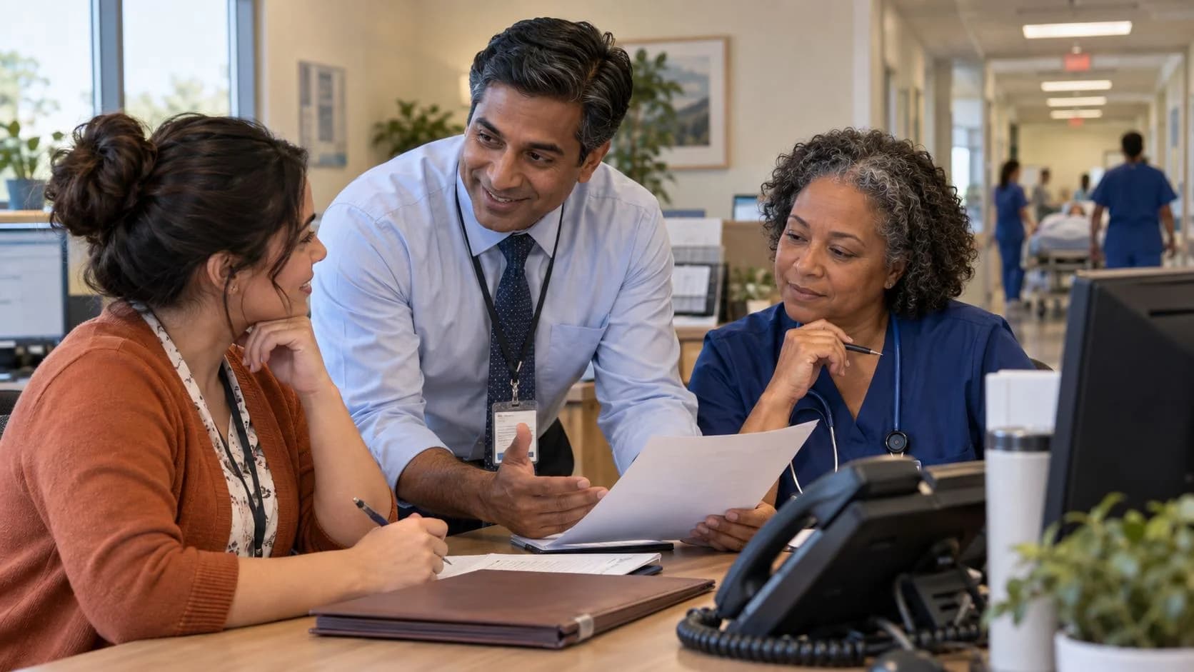 Patient-access coordinator and clinician resolving an authorization issue