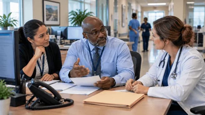 Denial-resolution specialist and clinician reviewing a claim together