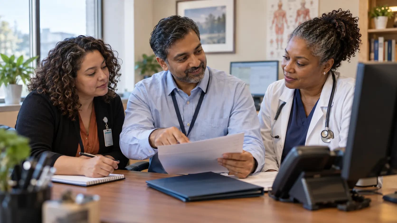 Practice manager and clinician reviewing payer requirements with a specialist