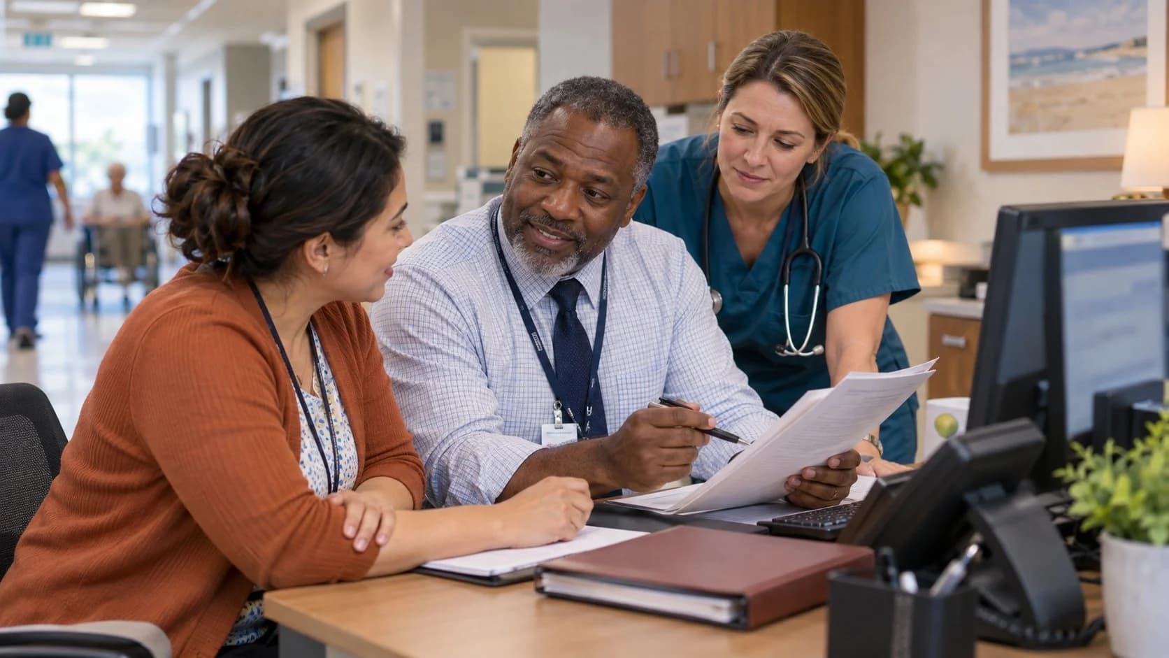 Patient-access coordinator and clinician resolving an authorization issue