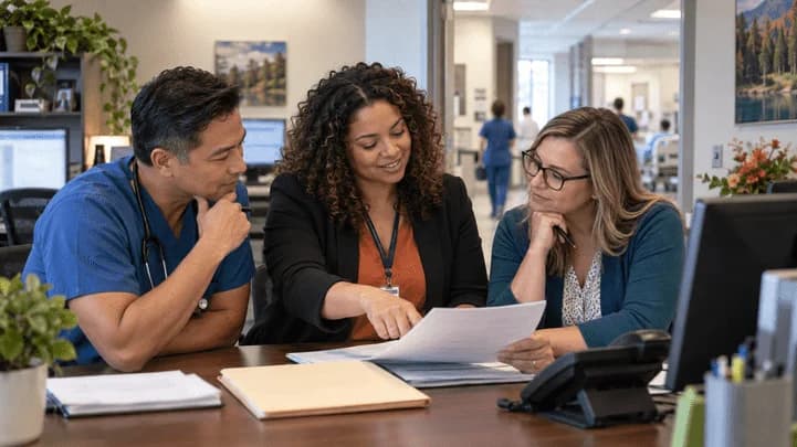 Denial-resolution specialist and clinician reviewing a claim together