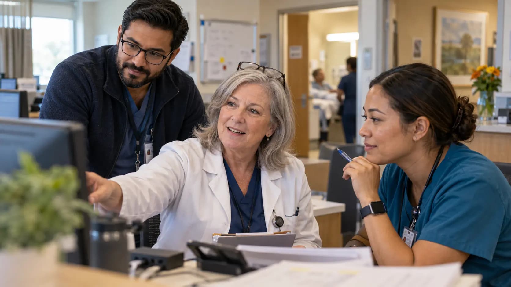 Clinician and informatics specialists collaborating at a normal workstation Clinician and informatics specialists collaborating at a normal workstation