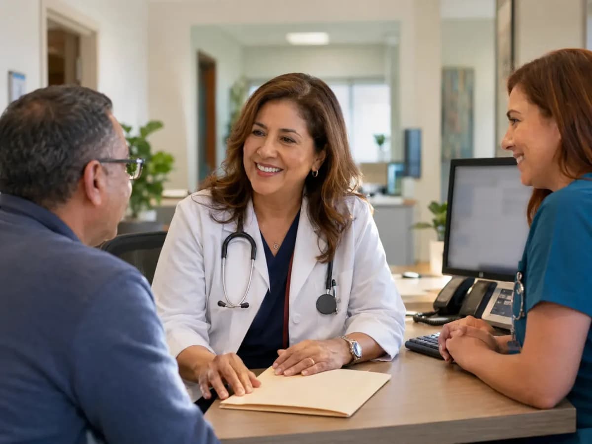 Clinician, patient, and healthcare colleague sharing a warm clinic interaction