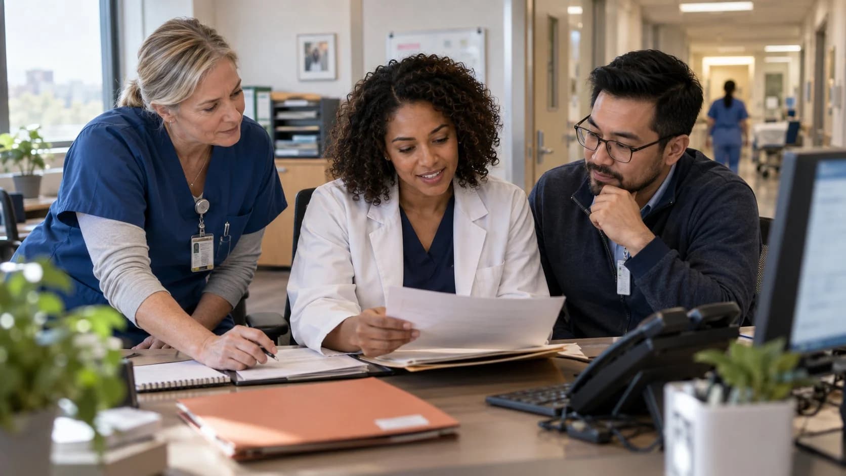 Physician advisor and utilization nurse reviewing documentation together
