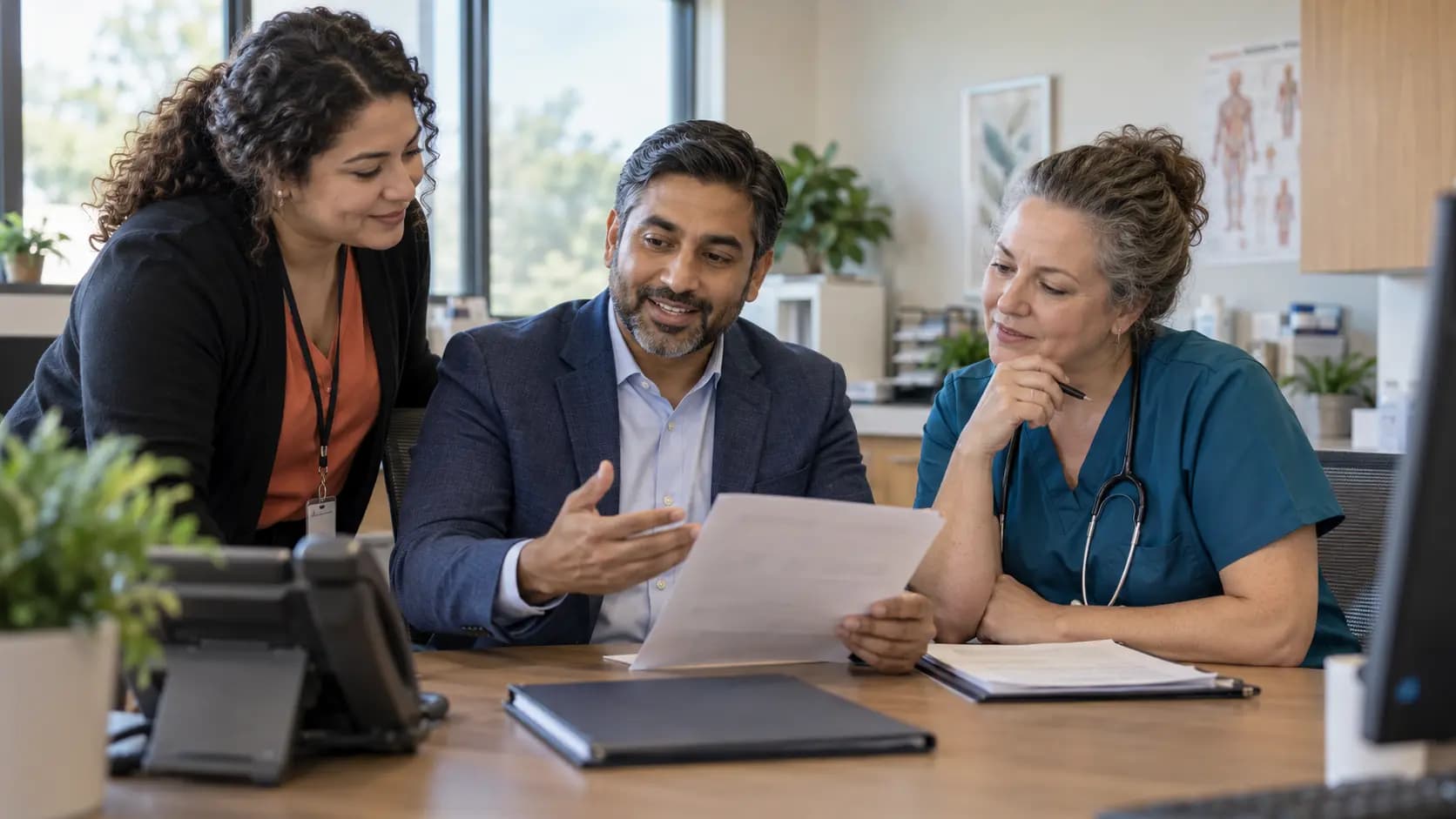 Practice manager and clinician reviewing payer requirements with a specialist