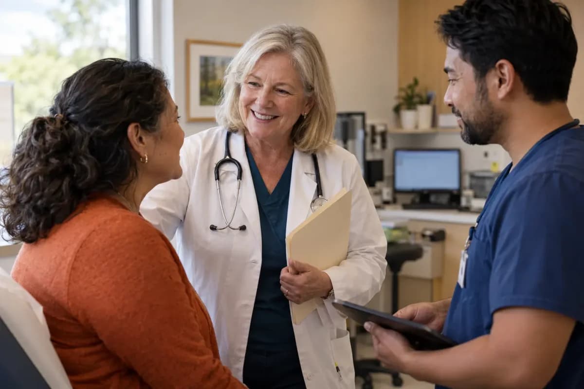 Clinician, patient, and healthcare colleague sharing a warm clinic interaction
