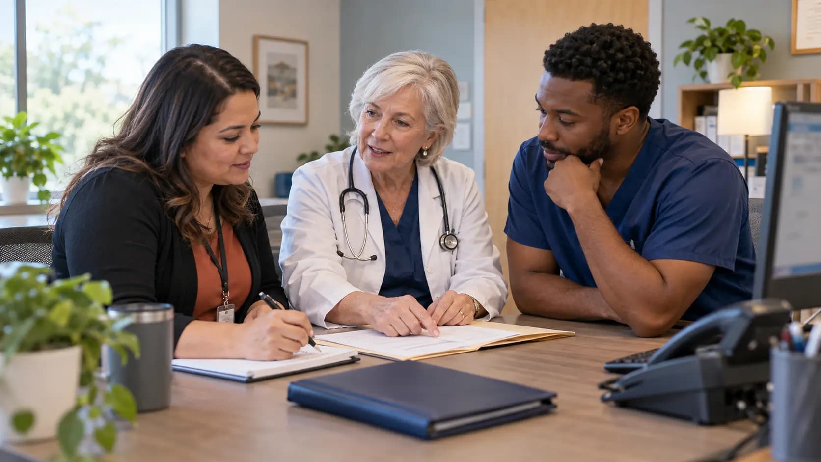 Practice manager and clinician reviewing payer requirements with a specialist